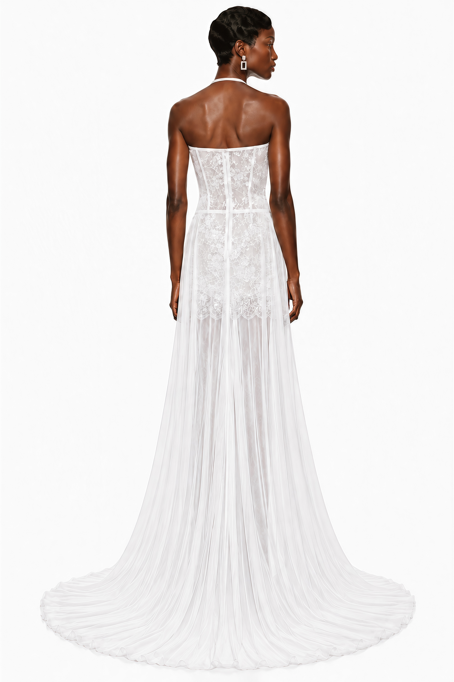 Céleste White Halterneck Floral Lace Mini Dress with Train