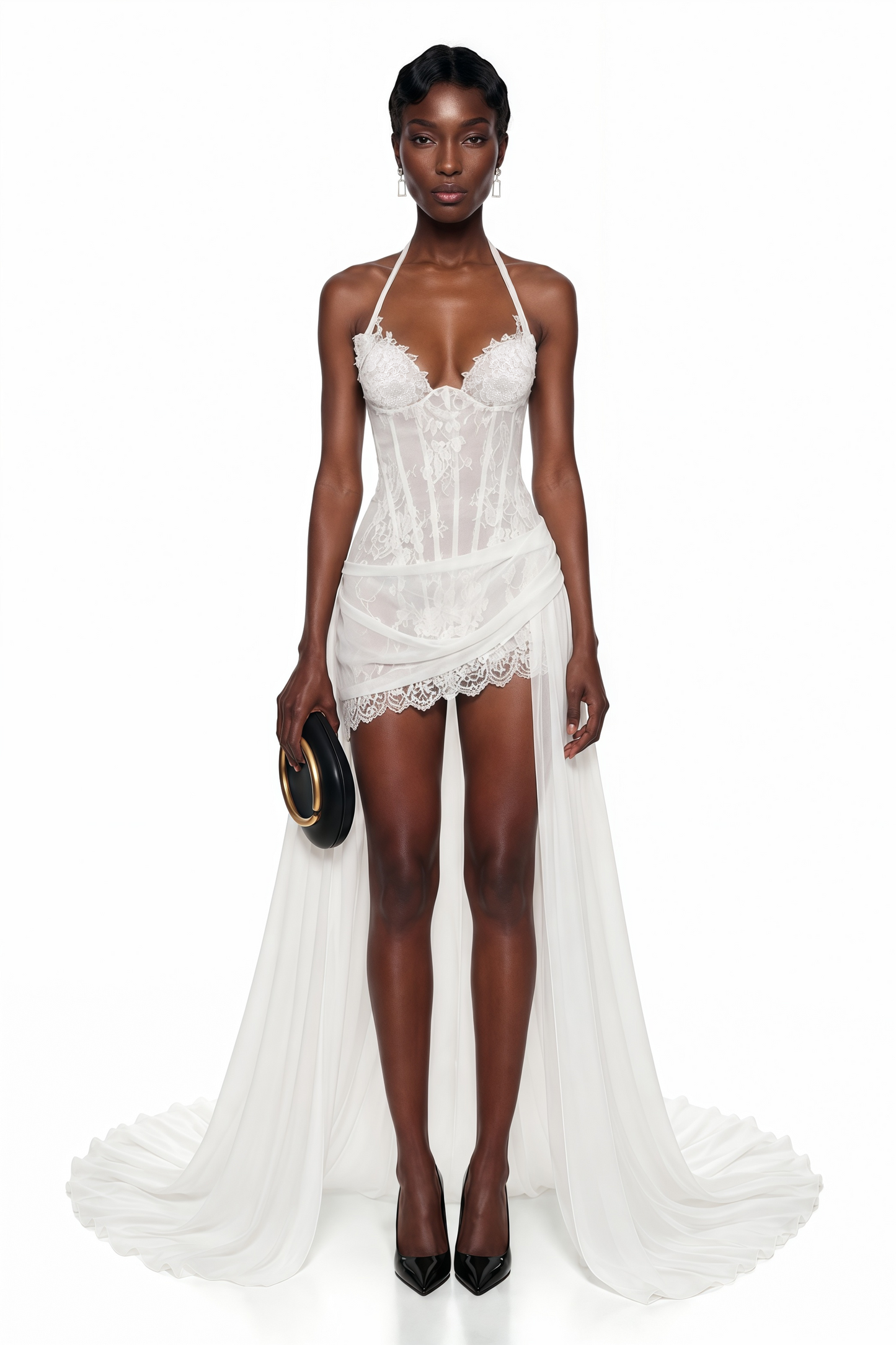 Céleste White Halterneck Floral Lace Mini Dress with Train