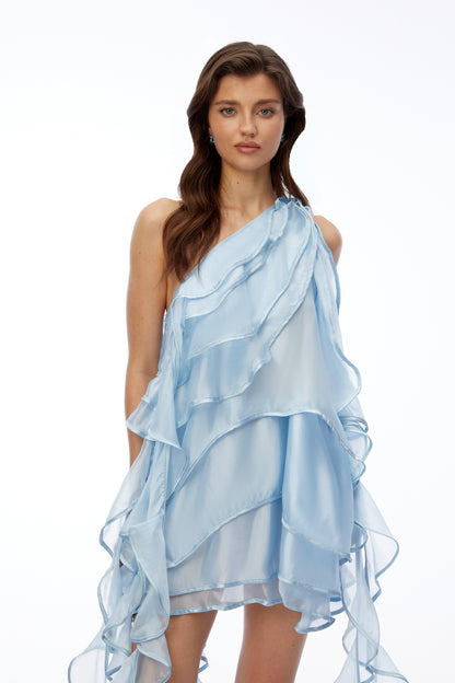 Celestine Light Blue One Shoulder Tiered Mini Dress