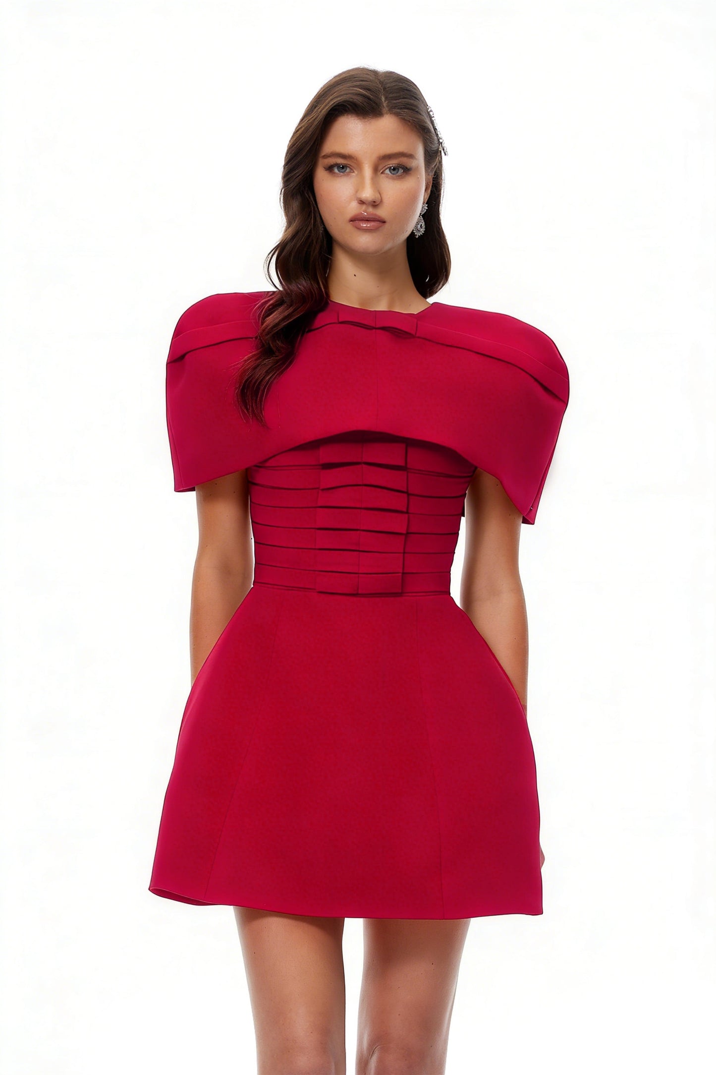 Celía Red Cape Design Flared Mini Dress