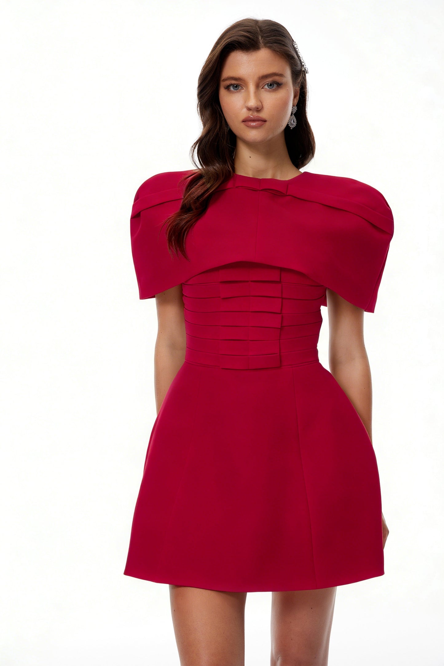 Celía Red Cape Design Flared Mini Dress