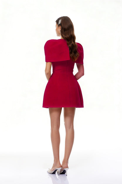 Celía Red Cape Design Flared Mini Dress