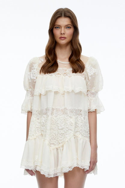 Celinda Cream Lace Ruffled Mini Dress