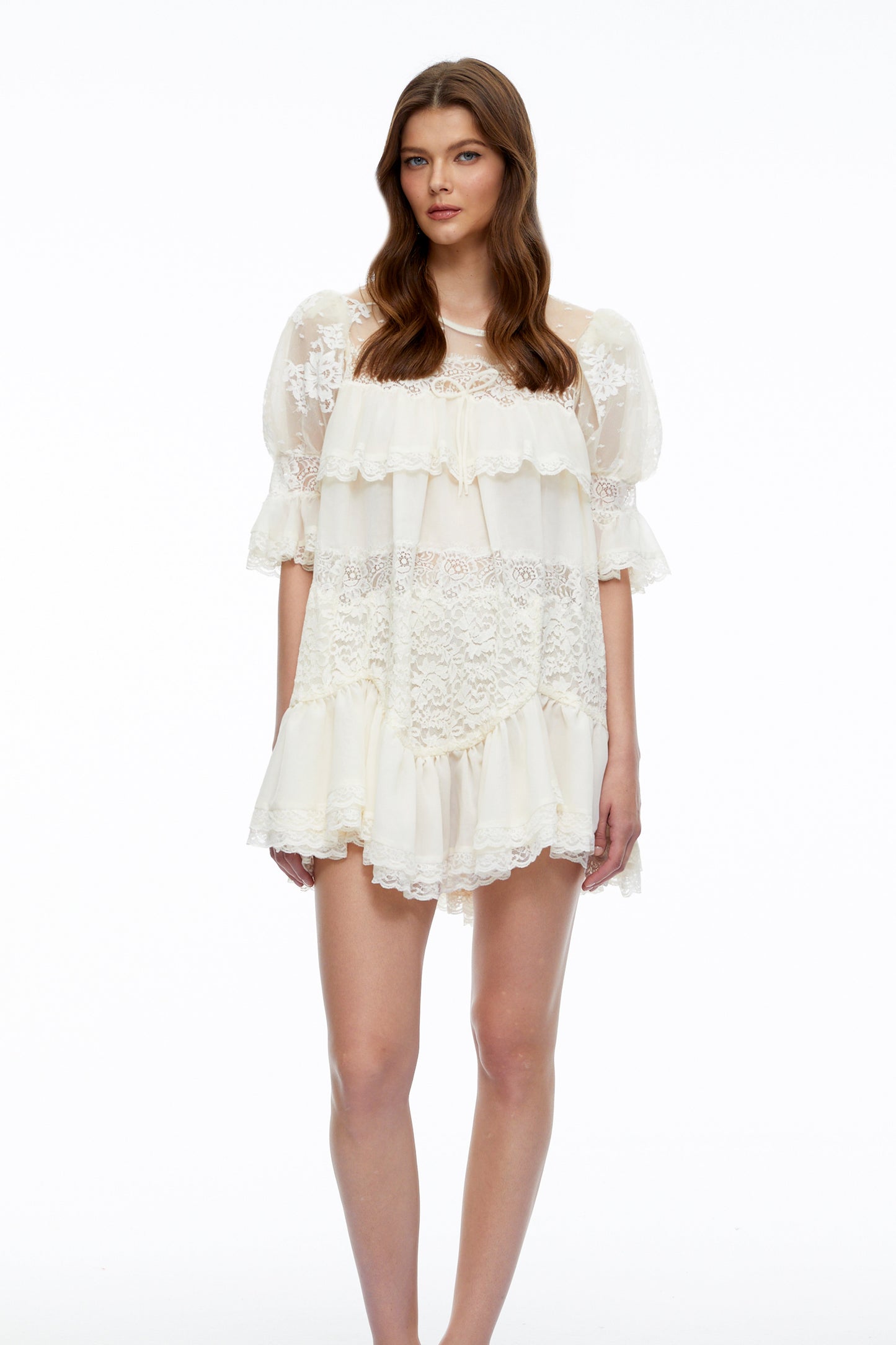 Celinda Cream Lace Ruffled Mini Dress