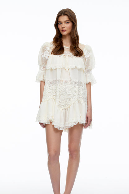 Celinda Cream Lace Ruffled Mini Dress