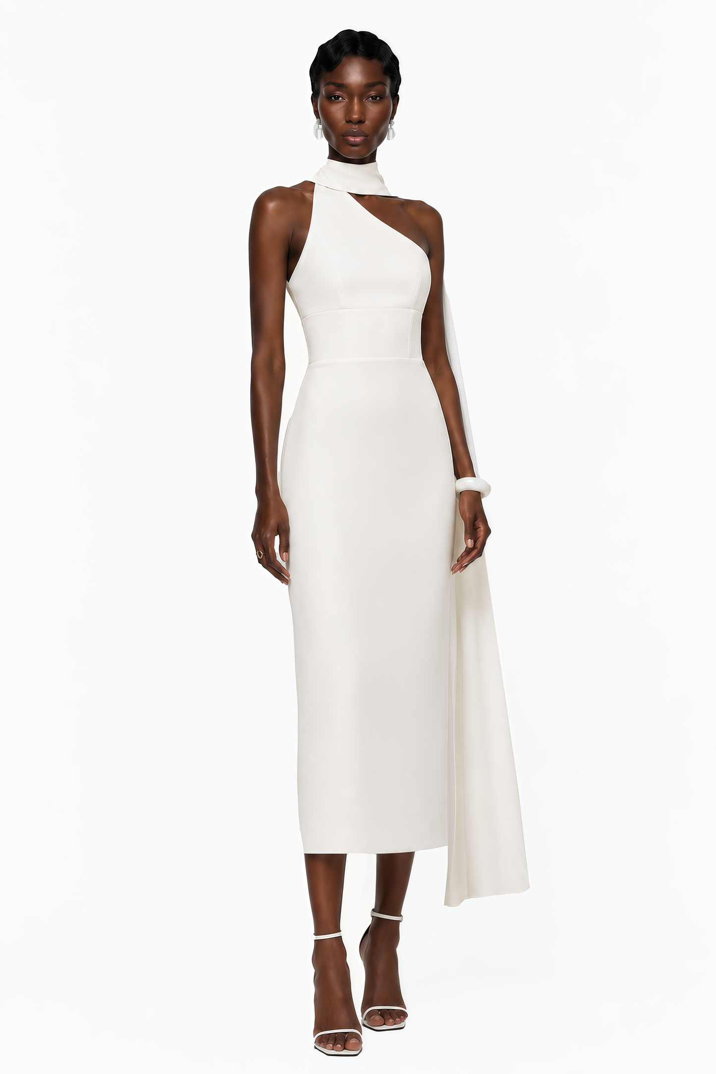 Cennet White One Shoulder Midi Dress with Cape