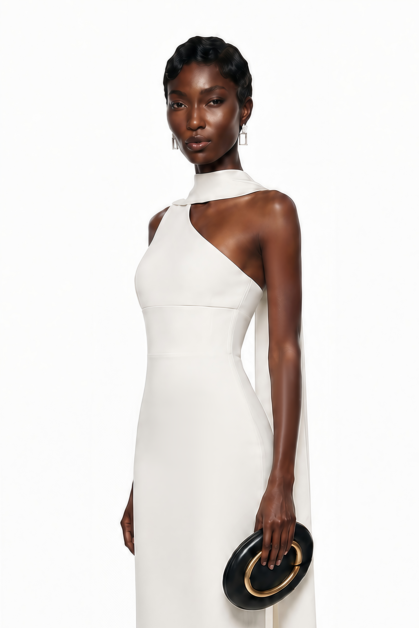 Cennet White One Shoulder Midi Dress with Cape