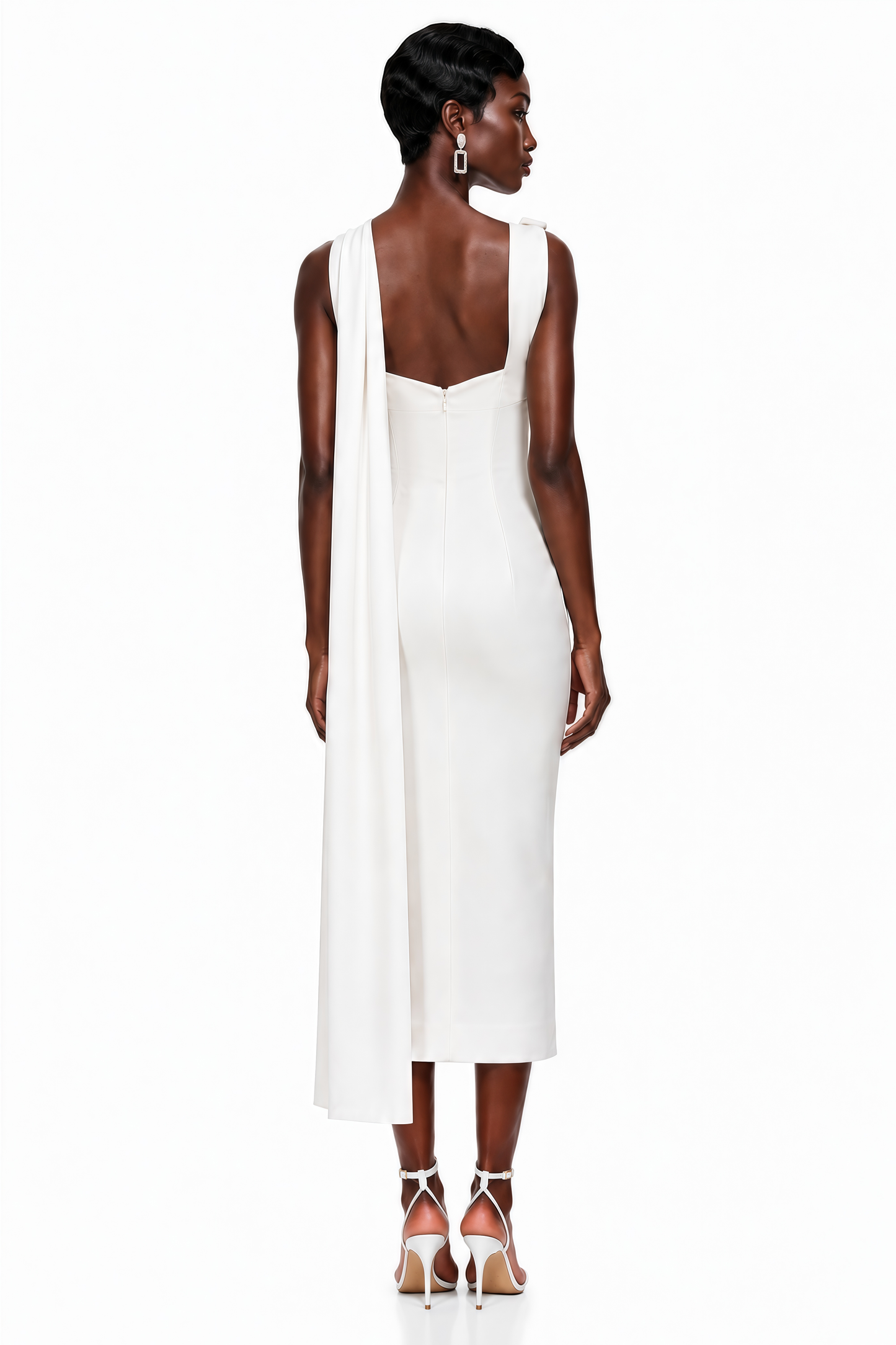 Cennet White One Shoulder Midi Dress with Cape