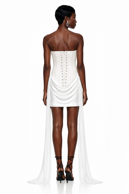 Ceren White Asymmetrical Floral Embroidered Mini Dress