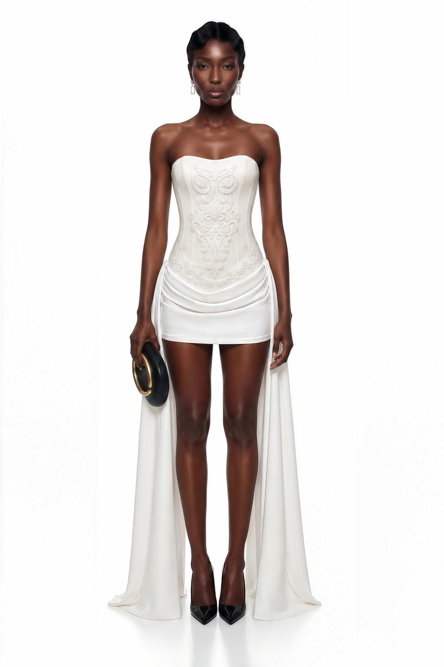 Ceren White Asymmetrical Floral Embroidered Mini Dress