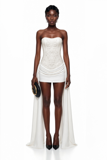 Ceren White Asymmetrical Floral Embroidered Mini Dress