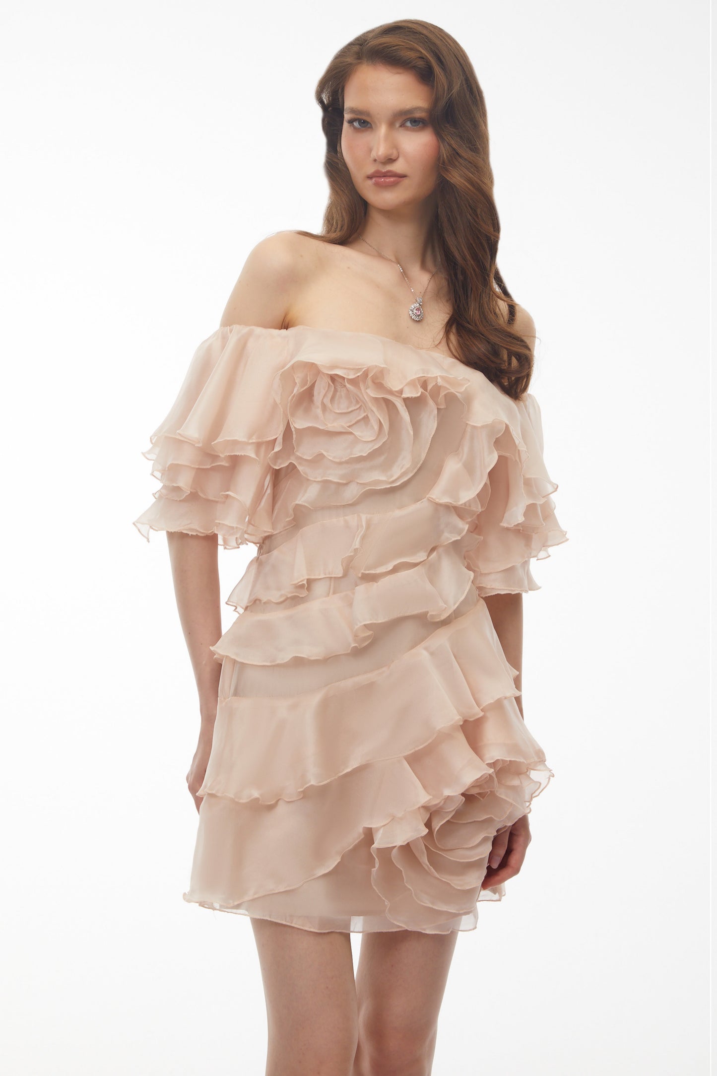 Cerise Asymmetrical Flounce Mini Dress in Neutrals