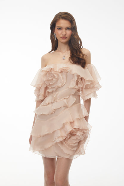 Cerise Asymmetrical Flounce Mini Dress in Neutrals