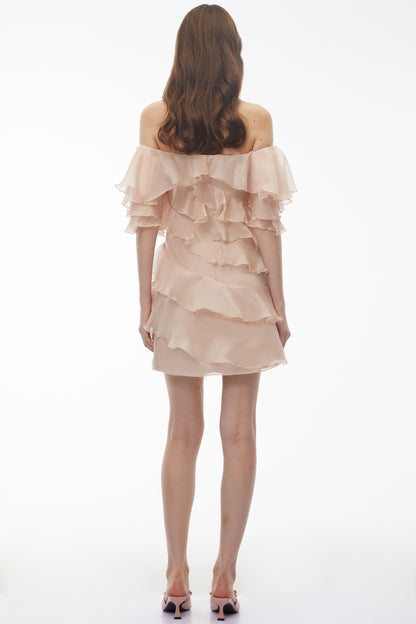 Cerise Asymmetrical Flounce Mini Dress in Neutrals