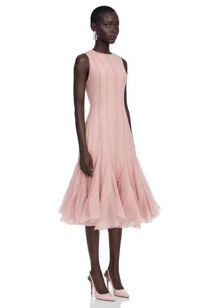 Cevher Pink Asymmetrical Midi Dress with Buttons