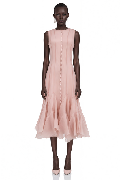 Cevher Pink Asymmetrical Midi Dress with Buttons