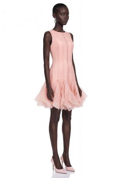 Cevher Pink Asymmetrical Mini Dress with Buttons