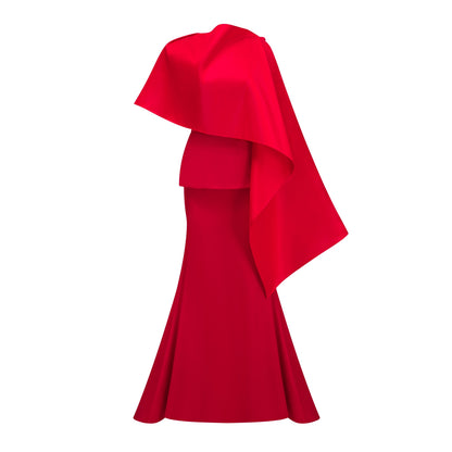 Cevher Red Fishtail Maxi Dress with Cape