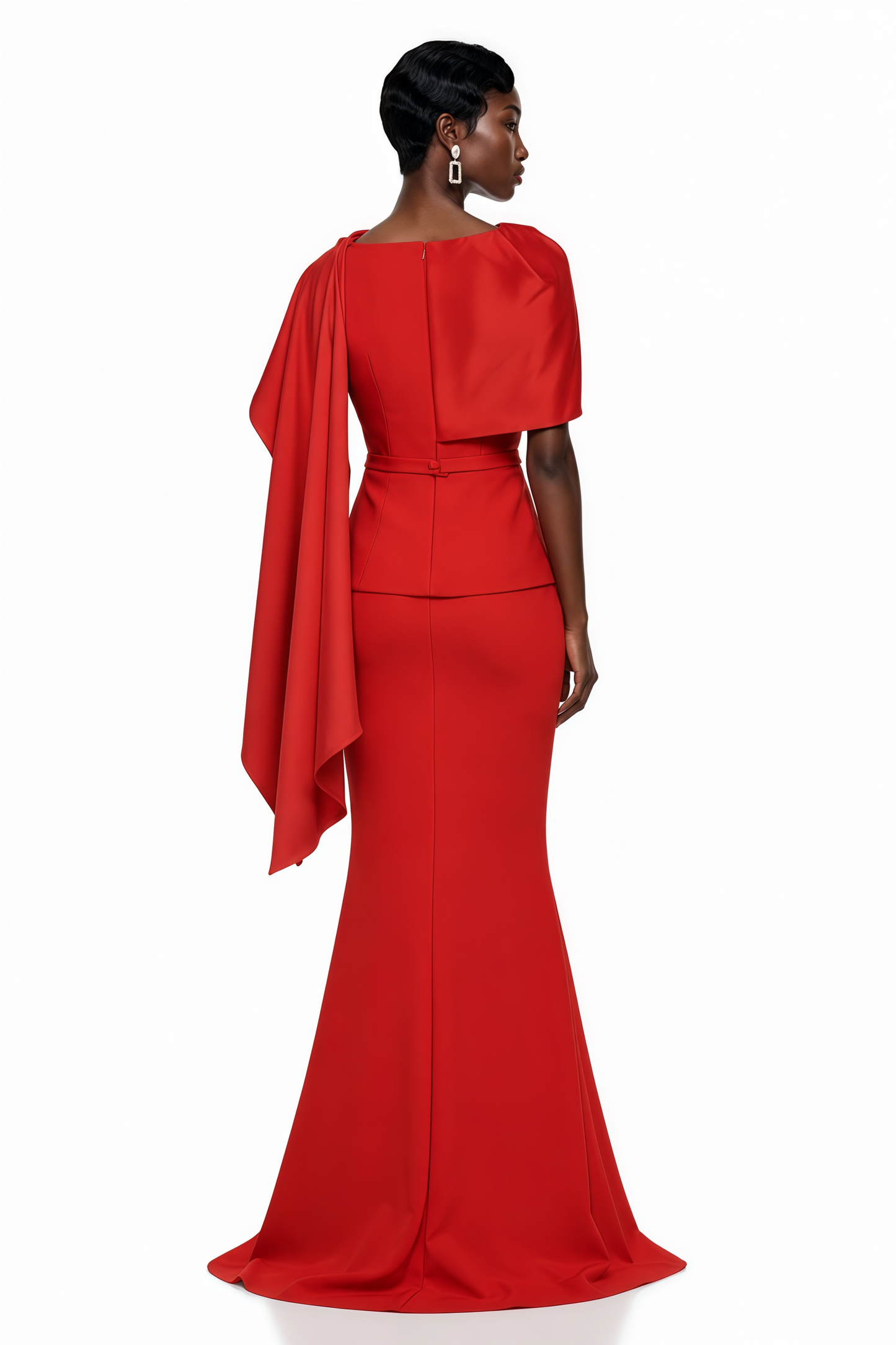 Cevher Red Fishtail Maxi Dress with Cape