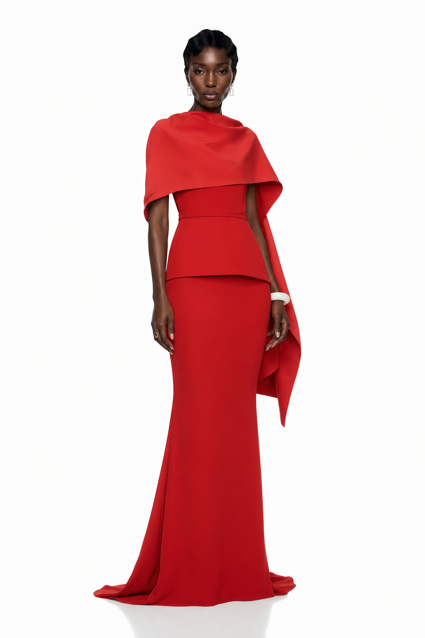 Cevher Red Fishtail Maxi Dress with Cape