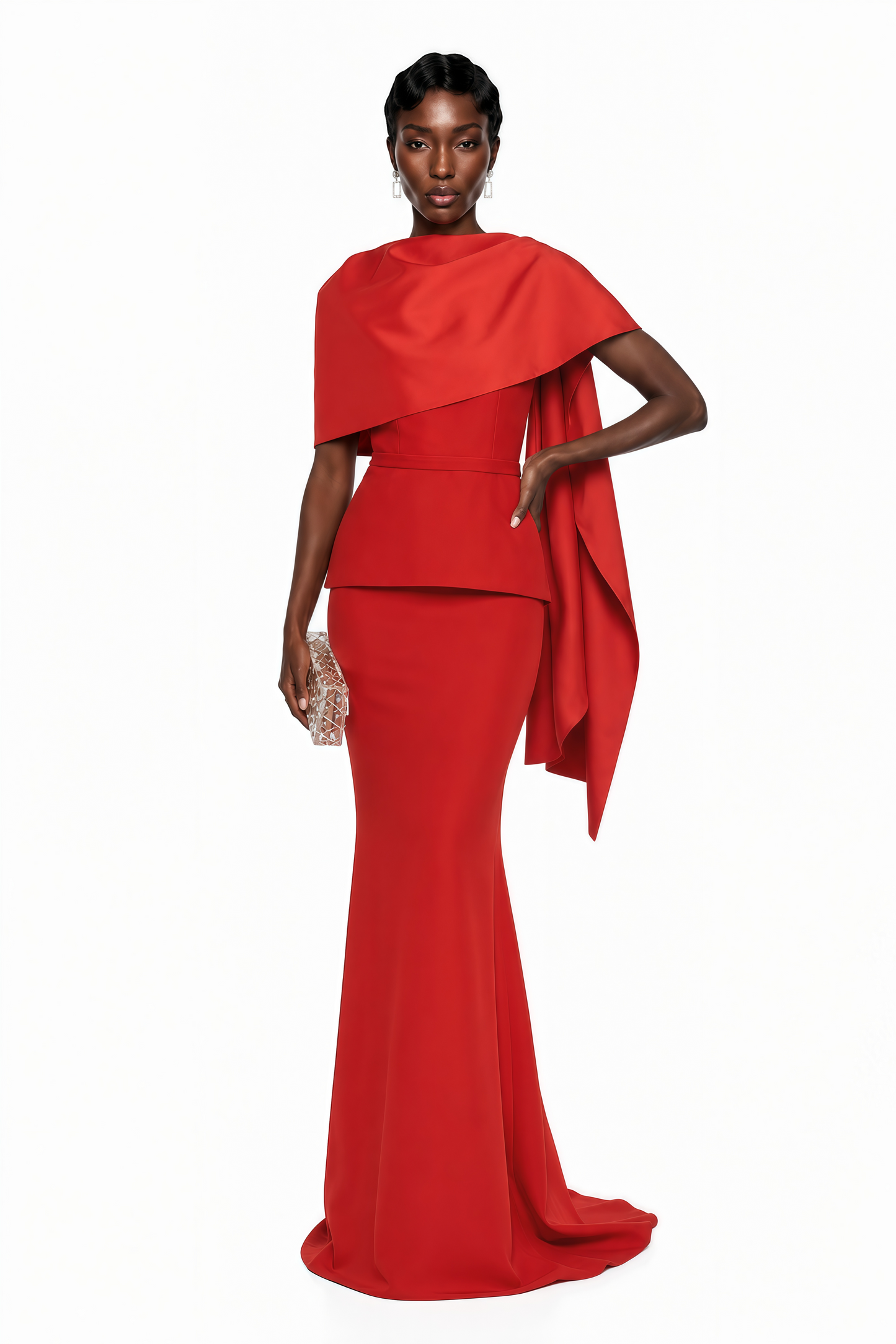 Cevher Red Fishtail Maxi Dress with Cape