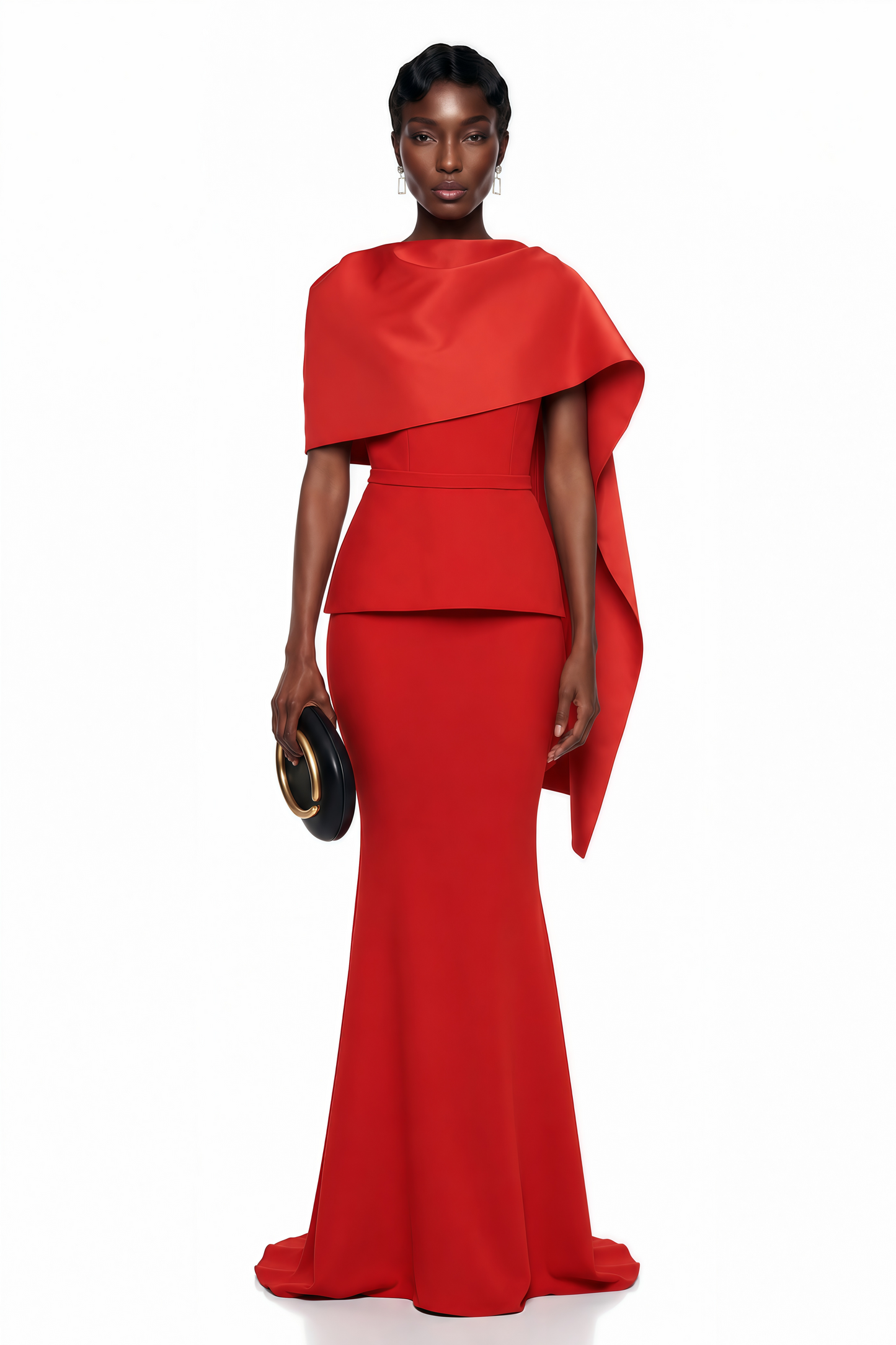 Cevher Red Fishtail Maxi Dress with Cape