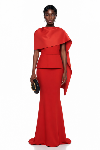 Cevher Red Fishtail Maxi Dress with Cape