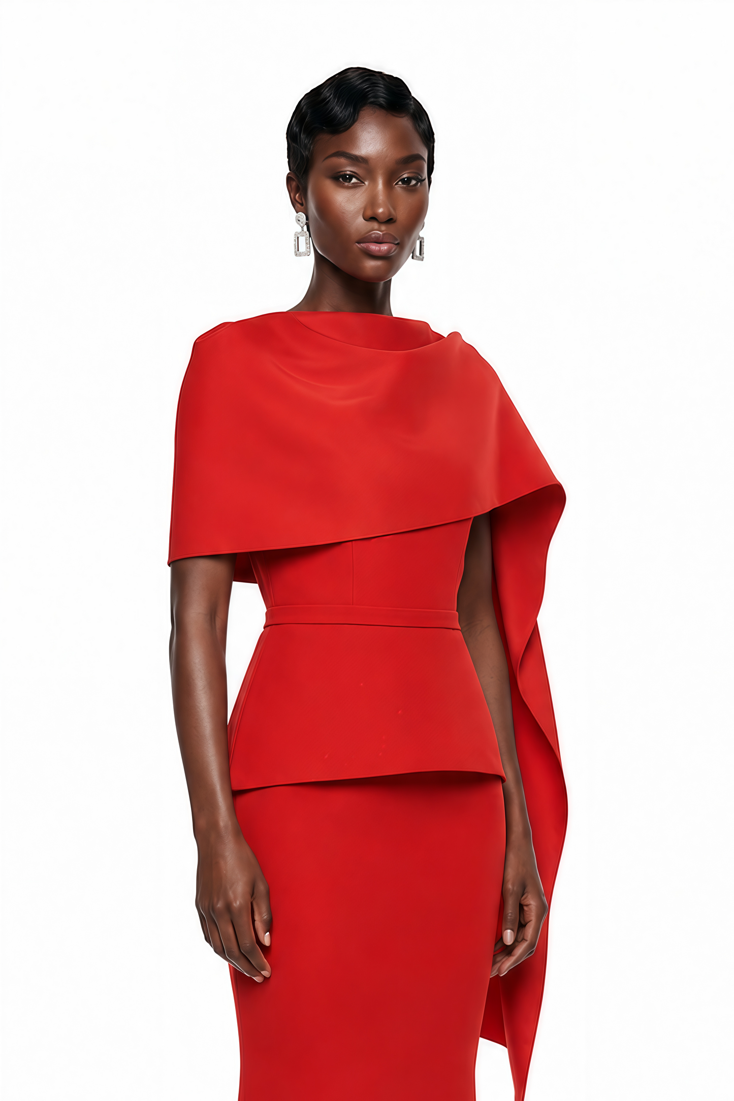 Cevher Red Fishtail Maxi Dress with Cape