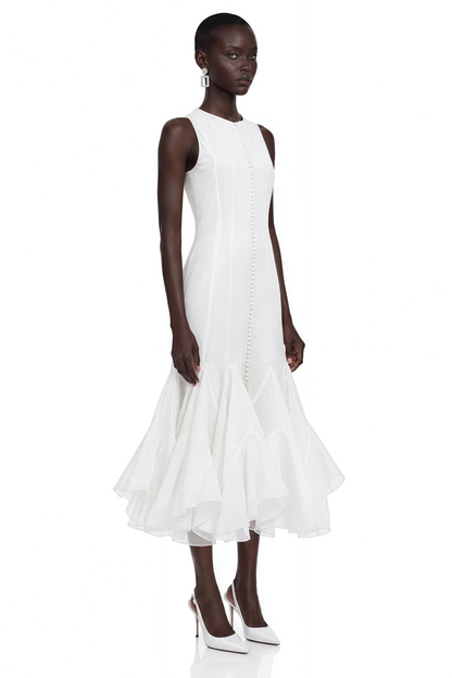 Cevher White Asymmetrical Midi Dress with Buttons