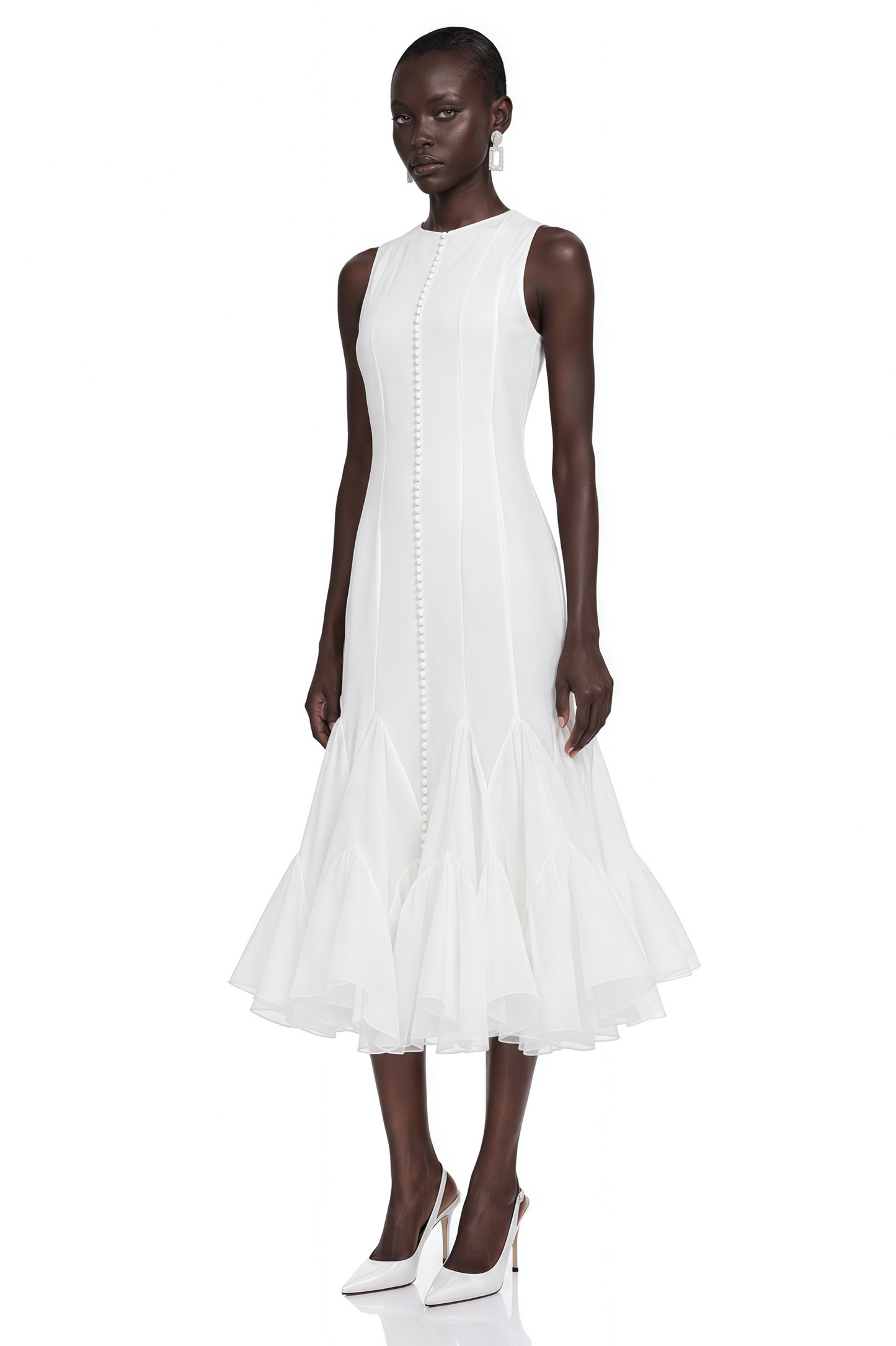 Cevher White Asymmetrical Midi Dress with Buttons