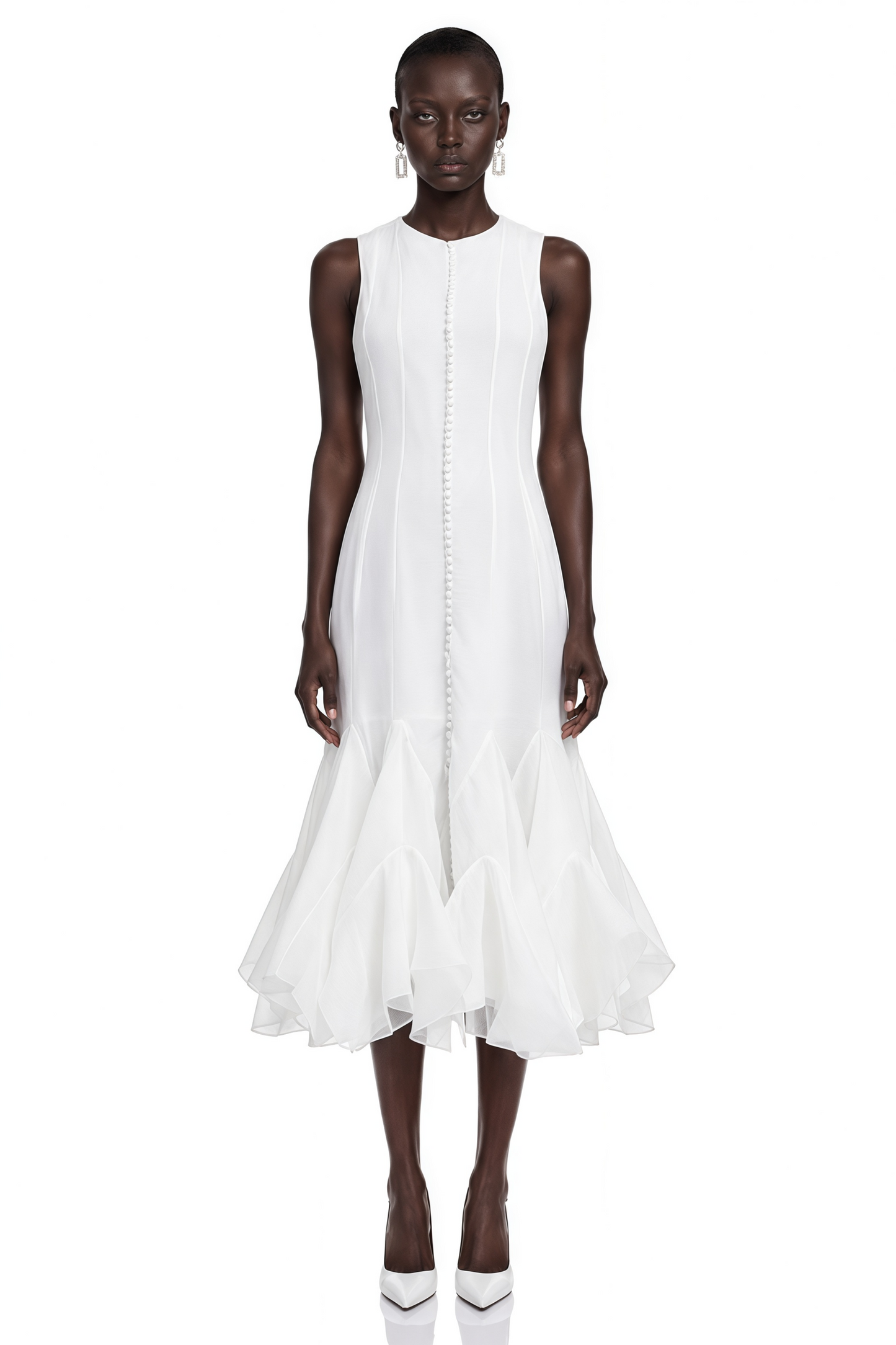 Cevher White Asymmetrical Midi Dress with Buttons