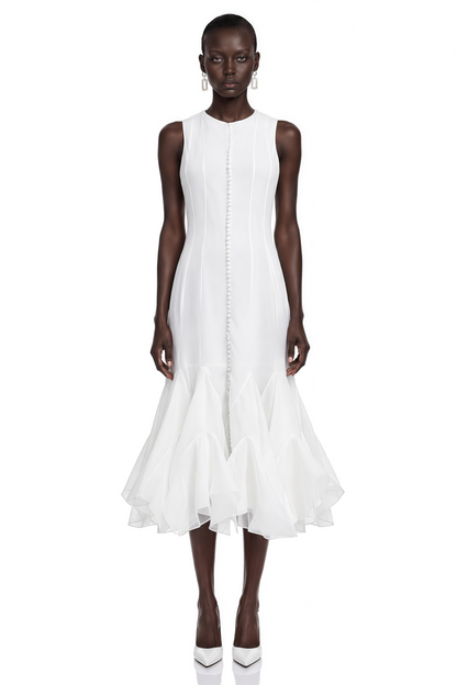 Cevher White Asymmetrical Midi Dress with Buttons