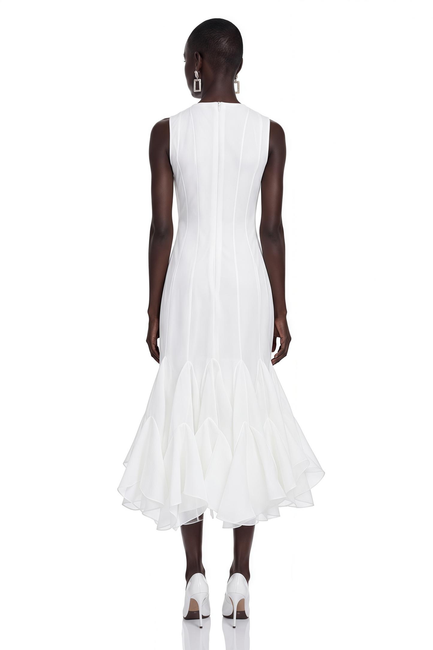 Cevher White Asymmetrical Midi Dress with Buttons