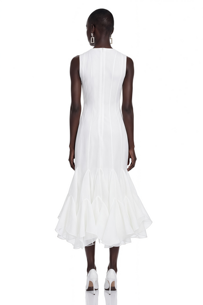 Cevher White Asymmetrical Midi Dress with Buttons