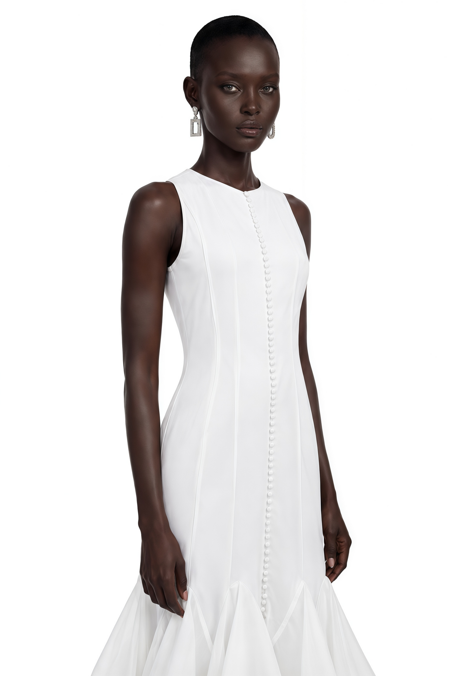 Cevher White Asymmetrical Midi Dress with Buttons