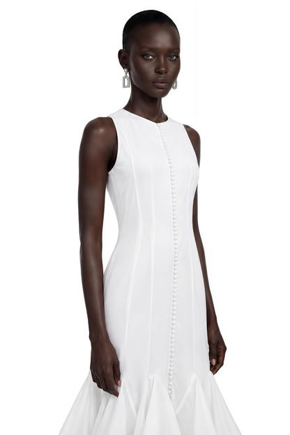 Cevher White Asymmetrical Midi Dress with Buttons