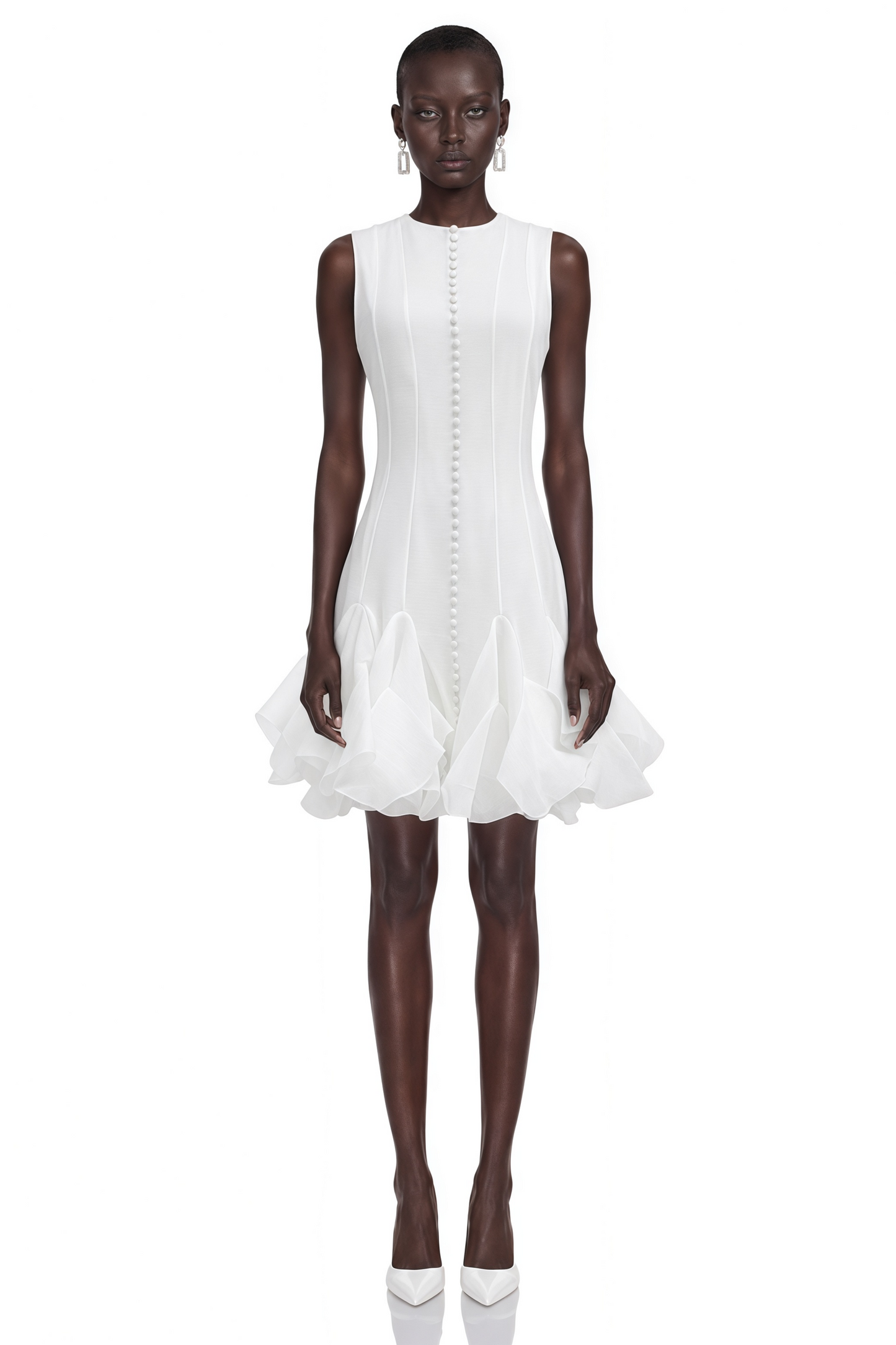 Cevher White Asymmetrical Mini Dress with Buttons
