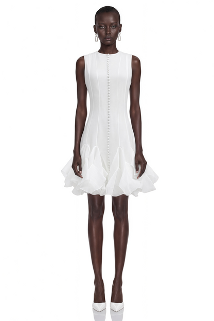 Cevher White Asymmetrical Mini Dress with Buttons