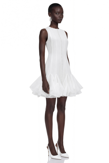 Cevher White Asymmetrical Mini Dress with Buttons
