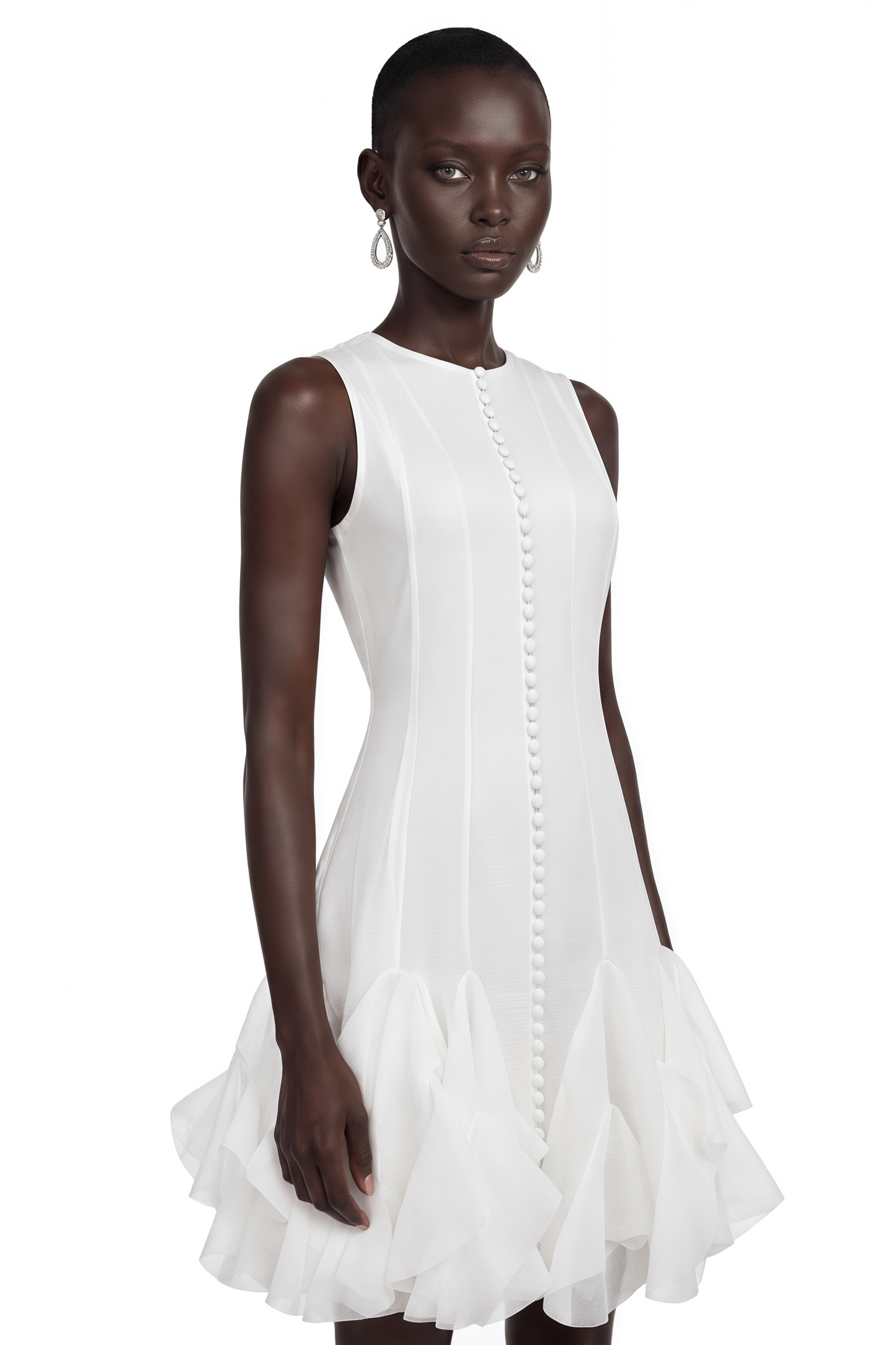 Cevher White Asymmetrical Mini Dress with Buttons