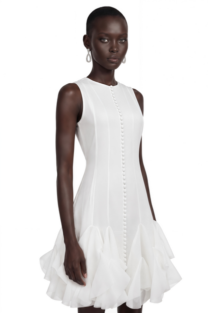 Cevher White Asymmetrical Mini Dress with Buttons