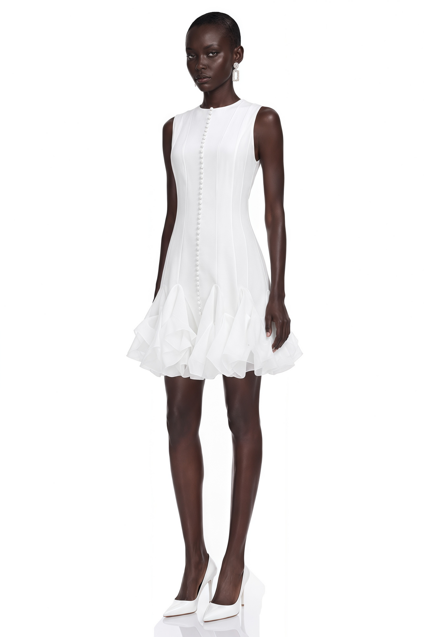 Cevher White Asymmetrical Mini Dress with Buttons