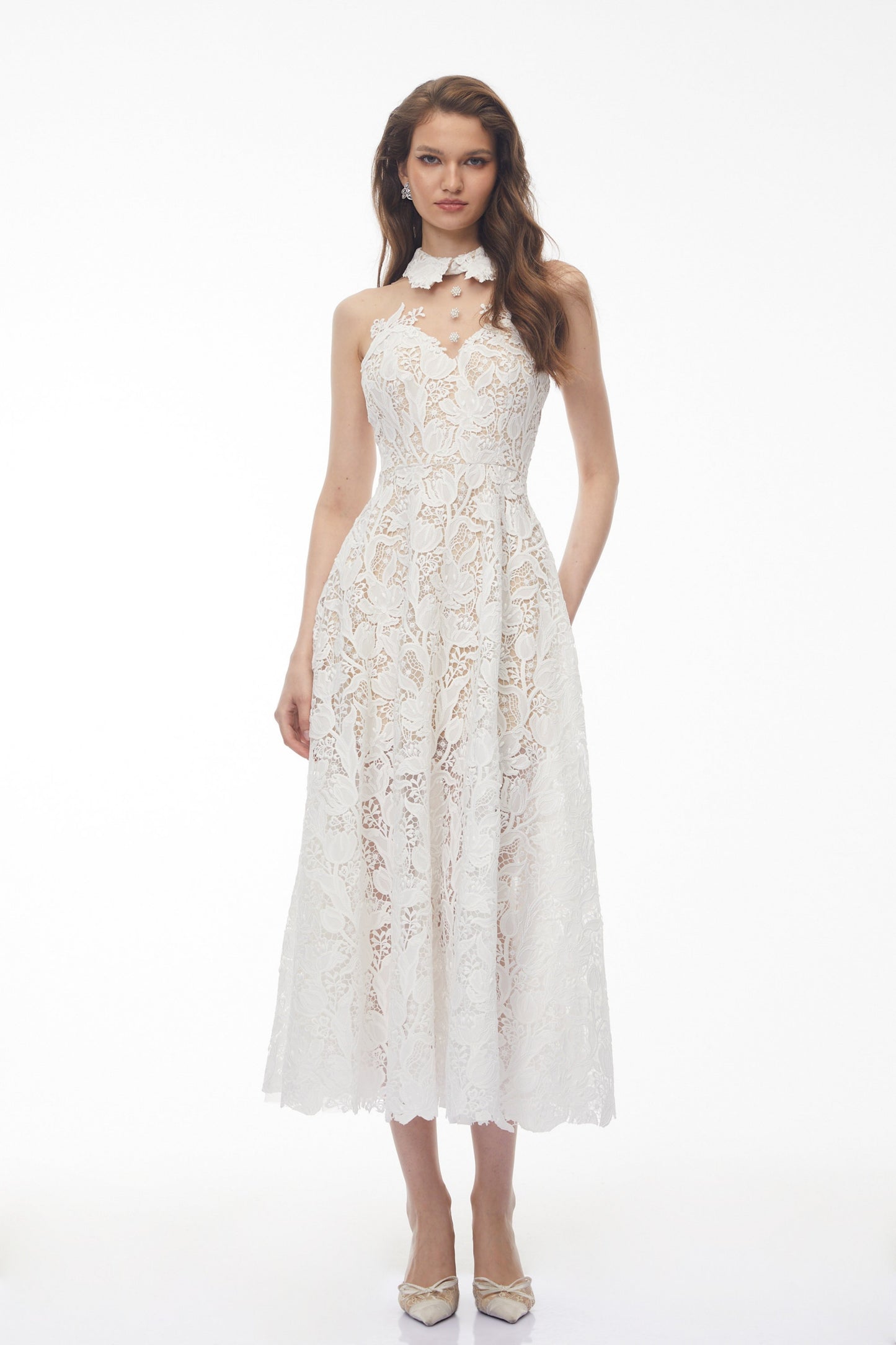 Chakame White Floral Lace Midi Dress