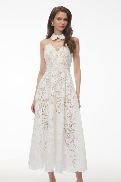 Chakame White Floral Lace Midi Dress
