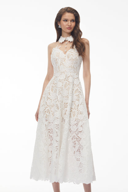 Chakame White Floral Lace Midi Dress