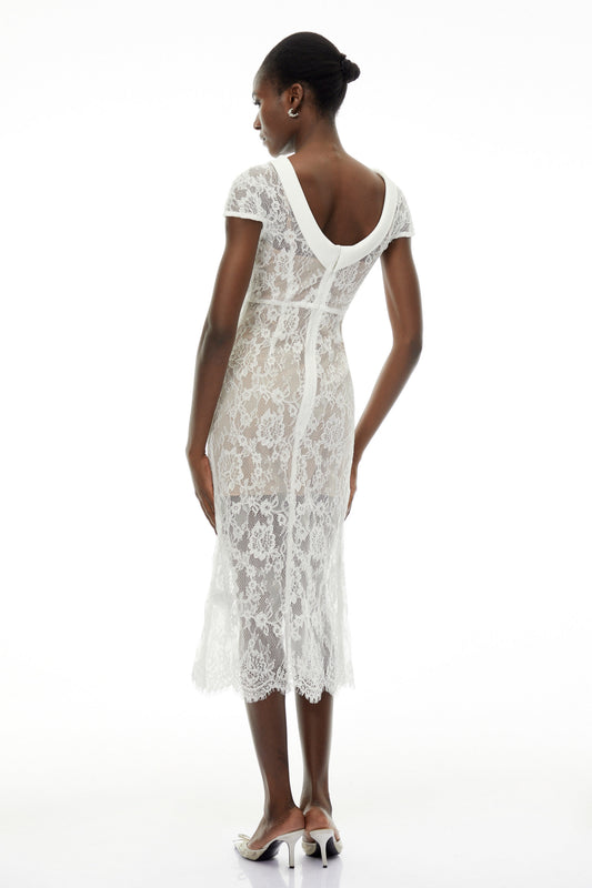 Chantal White Round Neck Floral Lace Midi Dress