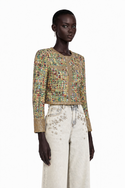 Octavie Gold-Tone Sequined Checked Tweed Jacket