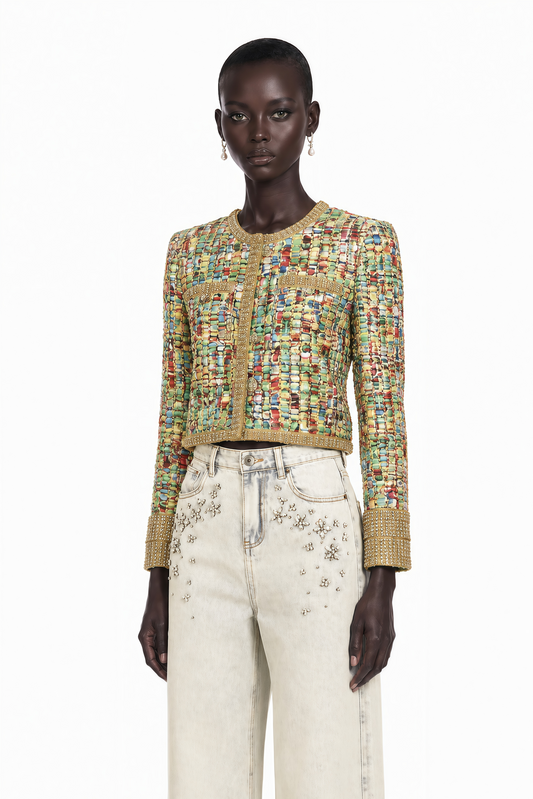 Octavie Gold-Tone Sequined Checked Tweed Jacket