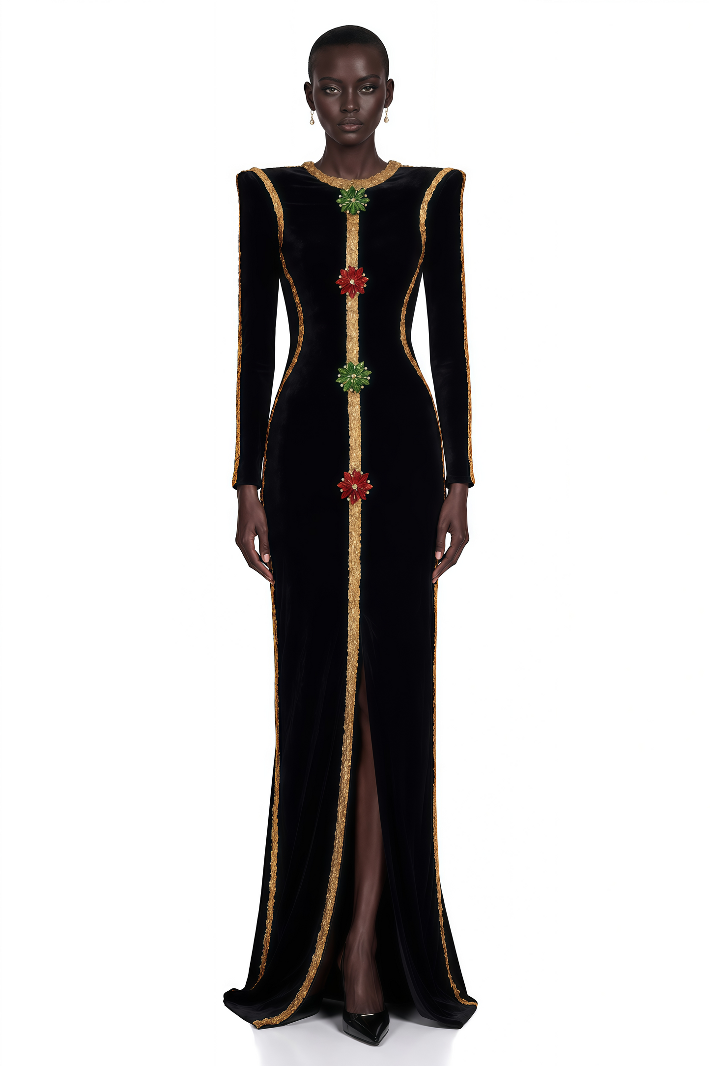 Anna Black Crystal Embellished Front Slit Maxi Dress