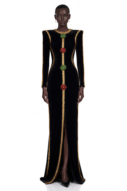Anna Black Crystal Embellished Front Slit Maxi Dress